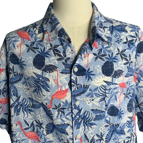 IZOD Reverse Print Button Up Hawaiian Shirt XXL Blue Flamingo Chambray Pocket - Picture 2 of 6